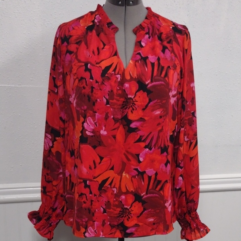 Fashion  Vibrant Red and Pink Floral Blouse Chiffon, Boho, Bohemian, Casual.